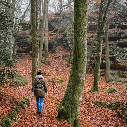 Hiking in the fall leaves with a light coat and beanie cap.